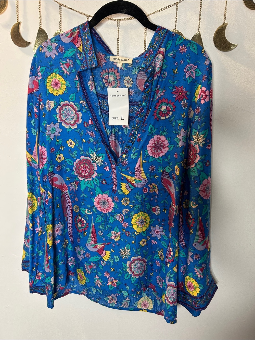 Bright Blue Floral & Bird V-Neck Long Sleeve Blouse